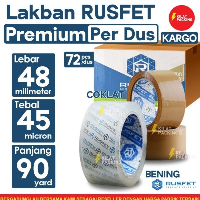 

LAKBAN RUSFET PREMIUM SUPER CLEAR - UKURAN 48 MM X 90 YARD PER DUS ASLI