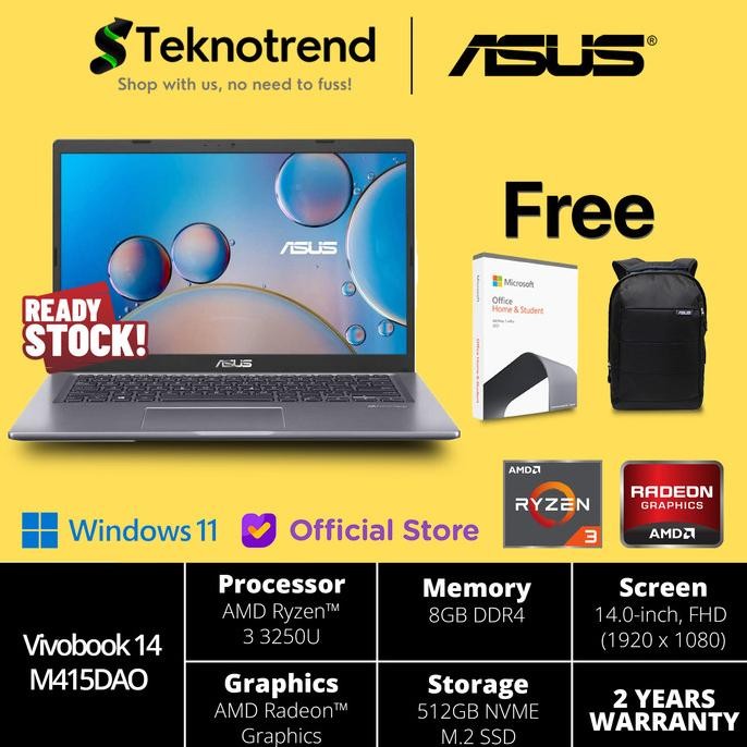 Laptop Murah Asus M415Dao Ryzen 3 3250 8Gb 512Gb 14"Fhd W10+Ohs