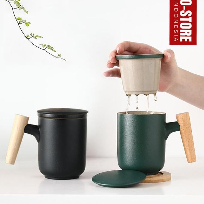 Gelas Keramik Tutup Mug Kopi Cangkir Teh Set Tea Cup Strainer Dune
