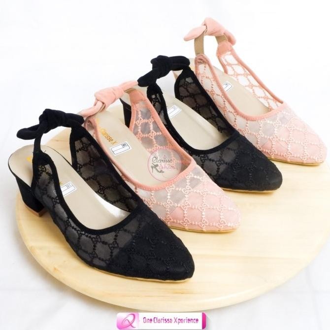 Heels Pesta wanita HEAVENLY Brukat Sandal Selop Hak 5cm Tali Karet