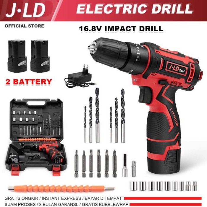 Bor Cordless JLD 16.8V, Mesin Bor Baterai Impact Drill Fullset