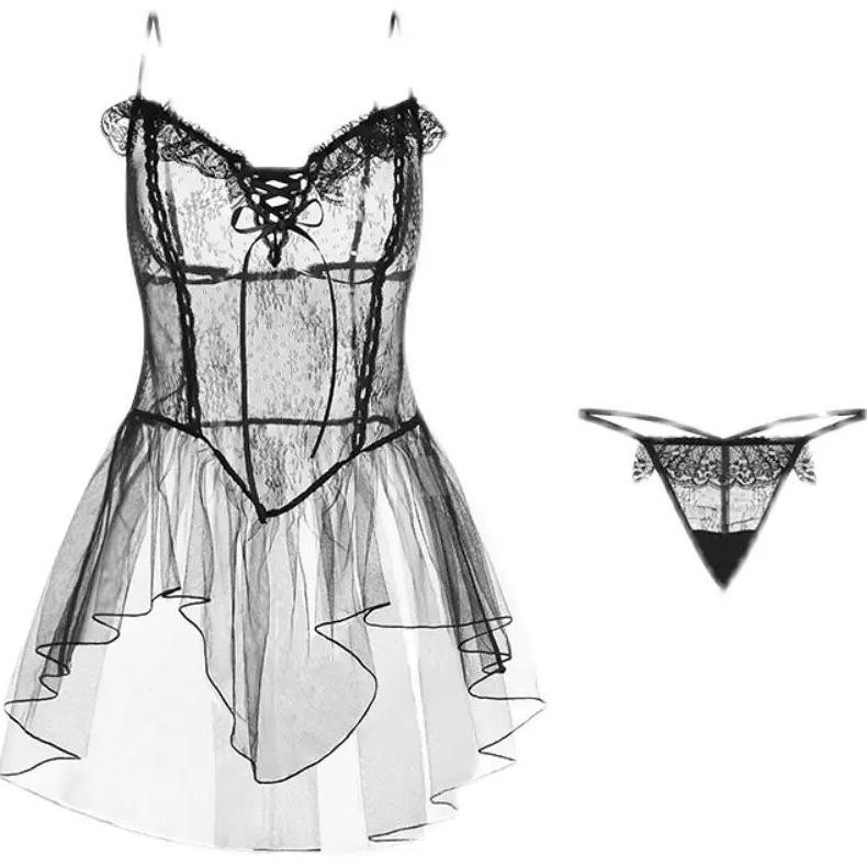 HJK Lingerie Cewek Sexy Hot Renda Dress Transparan Suami Hadiah Dress Sexy Baju Tidur Suspender