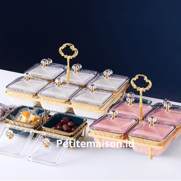 Petitemaison Leea Snack Tray Wadah Toples Kue Keramik Tutup Kaca Gantungan Emas