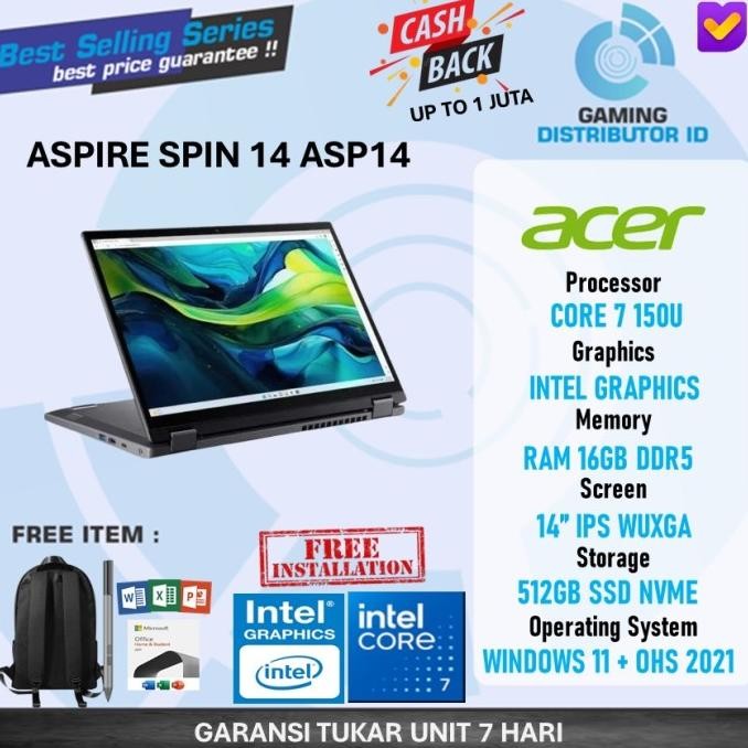 Laptop Acer Aspire 5 Spin Core I7 Ram 16Gb 512Ssd W11 14 Inci
