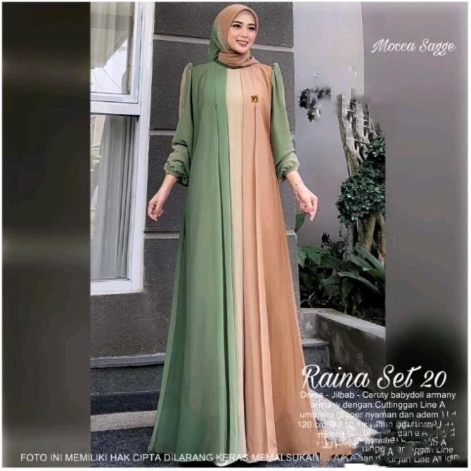 Baju Gamis Wanita Muslim Ada Jumbo Raina Set Dress Jilbab Ceruti Polos Cantik Fashion Perempuan Dewa