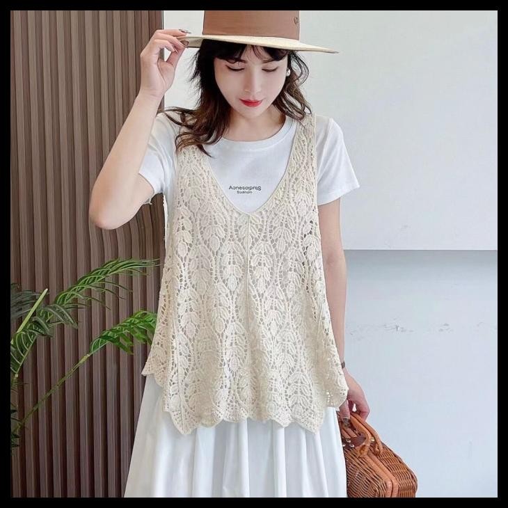 terbaru blus vest top rajut crochet renda lace putih gading ivory v neck kutung import (tanpa dalama
