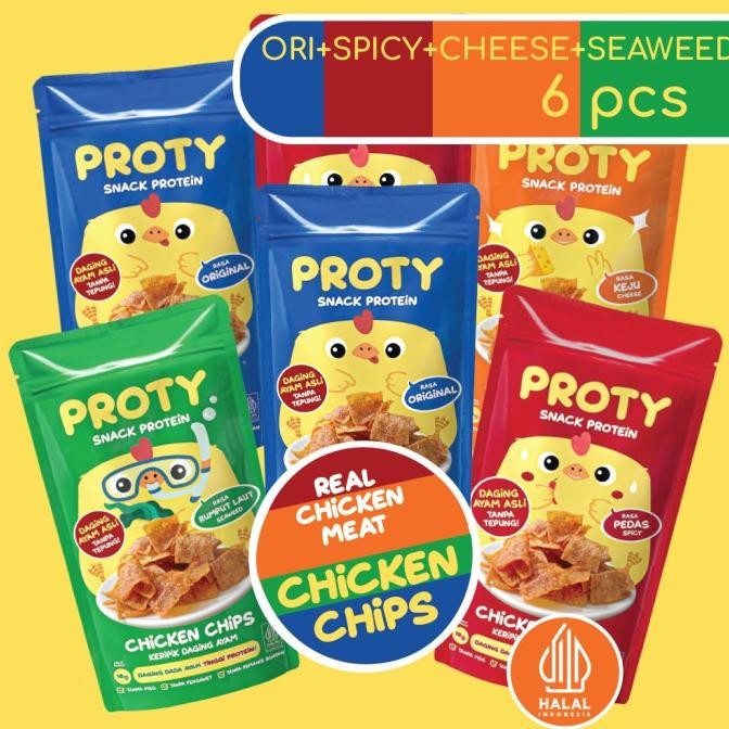 

trius snack keluarga sehat proty chicken chips ori(2 pcs)+pedas(2 pcs)+keju(1 pcs)+rumputlaut (1 pcs)