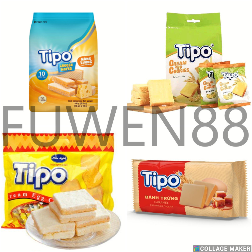 

Tipo Cream Egg Cookies Caramel 60g / Durian 135g / Milk 135g / Cream Egg Cookies 160g / Cheese Wafer 100g