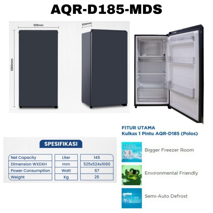 AQUA AQR-D185 Kulkas 1 Pintu AQRD185 Sanyo Garansi Resmi 7 Th Low Watt