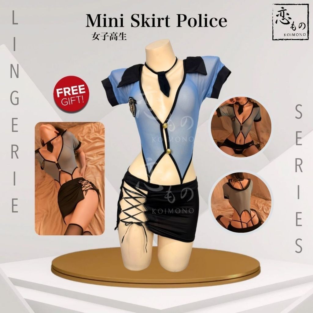 KOIMONO Mini Skirt Police - Lingerie Sexy Transparan Kostum Cosplay Polisi Rok Pendek Baju Tidur Wan