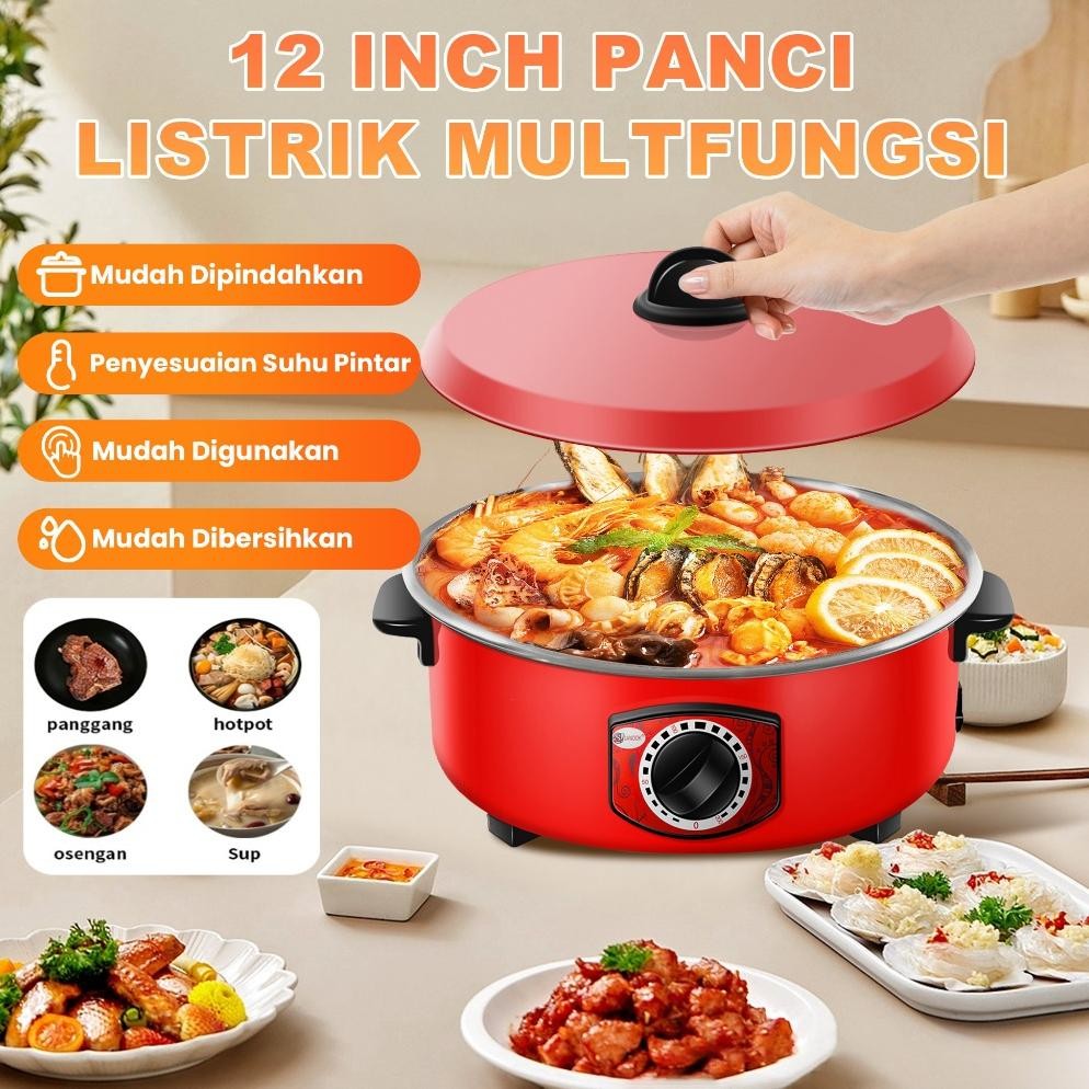 al 12 inch Panci Listrik Multifungsi Wajan Listrik Besar Jumbo Serbaguna Anti Lengket 3 in 1 Tlon