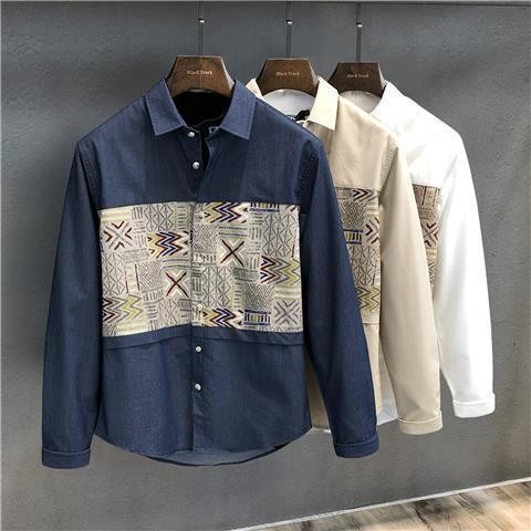 Kemeja Pria Lengan Panjang Gaya Korea Kemeja Patchwork Bergaya Santai