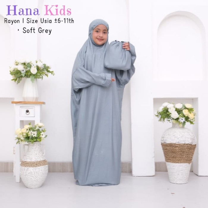 Mukena Anak Mukena Terusan Anak SD bahan rayon free tas - Soft Grey motif anak perempuan katun