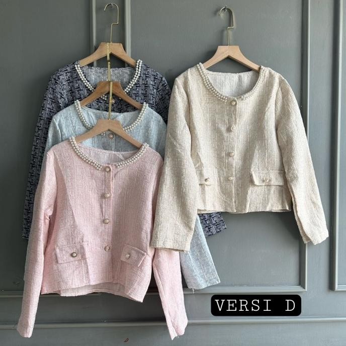 Jaket Blazer Cardigan Wanita Bahan Tweed Crop Motif Kotak Korean Style