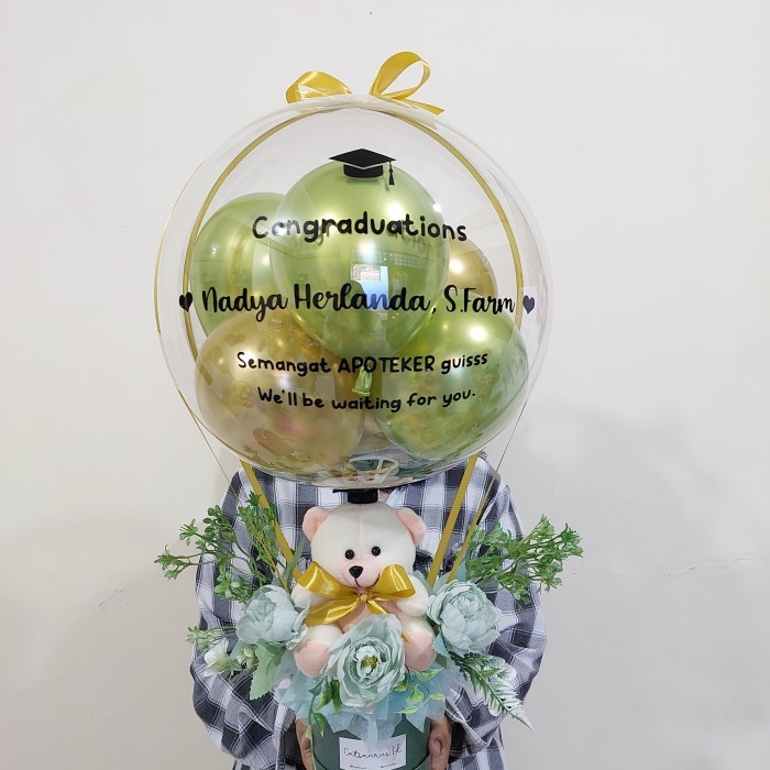 

BUCKET BALON BUNGA BUKET BONEKA TEDDY + BUNGA ARTIFICIAL WISUDA