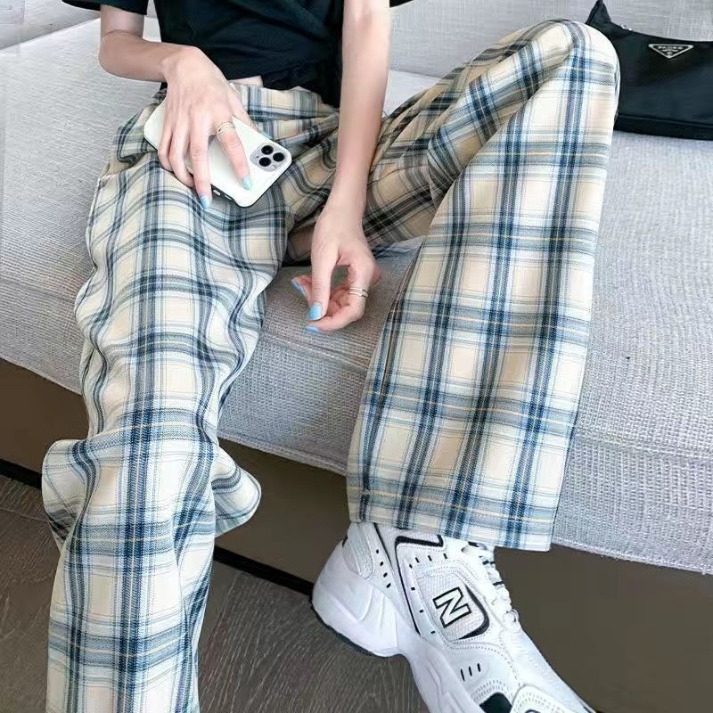 Celana Kotak-kotak Biru Tipis Pinggang Tinggi Celana Longgar