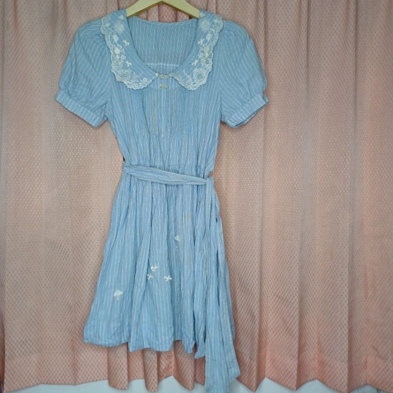 Midi Dress Stripe Biru  Korean Style Preloved