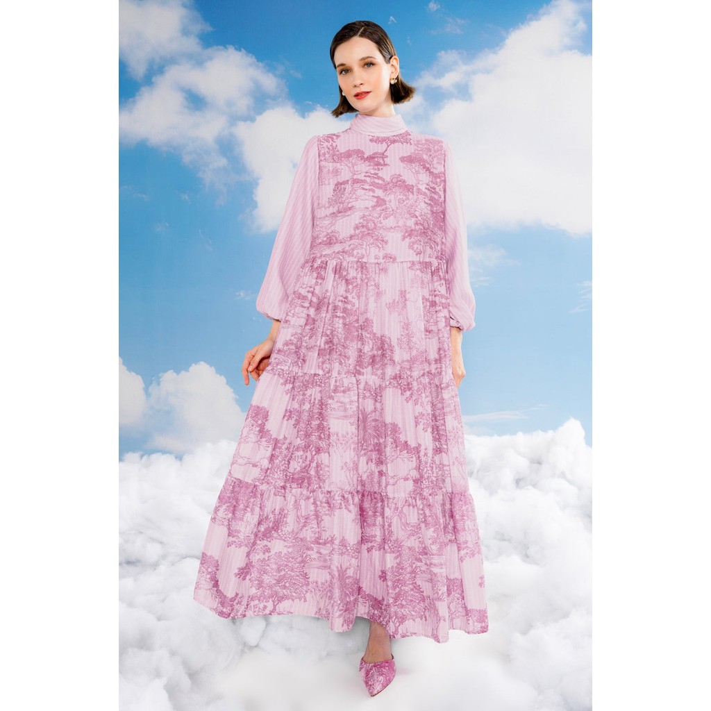 Benang Jarum - Forest Toile Tiered Dress - Carmine Rose