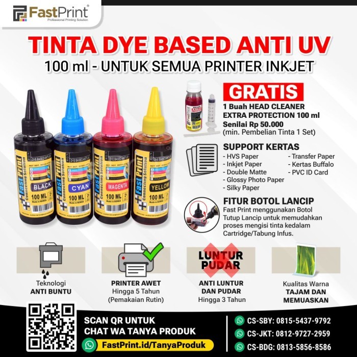 

Terlaris Tinta Refill Dye Based Anti UV 1 Set 4 Warna 100ML SALE