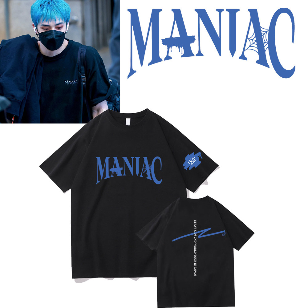 Kaos hitam cotton T-shirt Stray Kids Tur Dunia ke-2 "Maniac" Di Jepang Kaos Grafis Pria Wanita Kemej