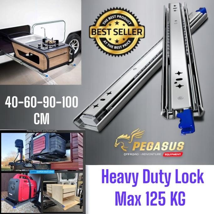 HARGA DISC - Heavy Duty Drawer Slide With Lock  Rel Laci kunci 40 60 90 100cm 125kg