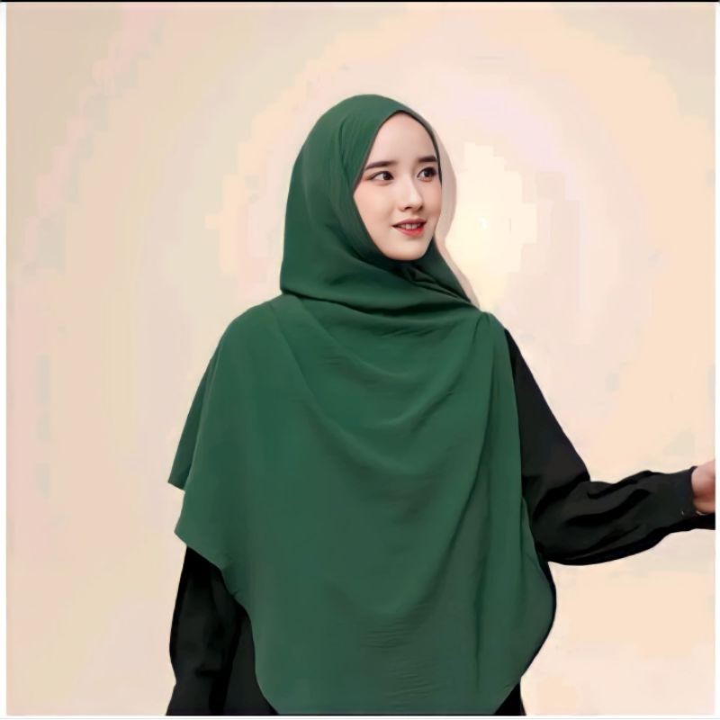 Hijab Pashmina Oval Jumbo Warna Hijau Botol size L dan XL Bahan Crinckle Air Flow