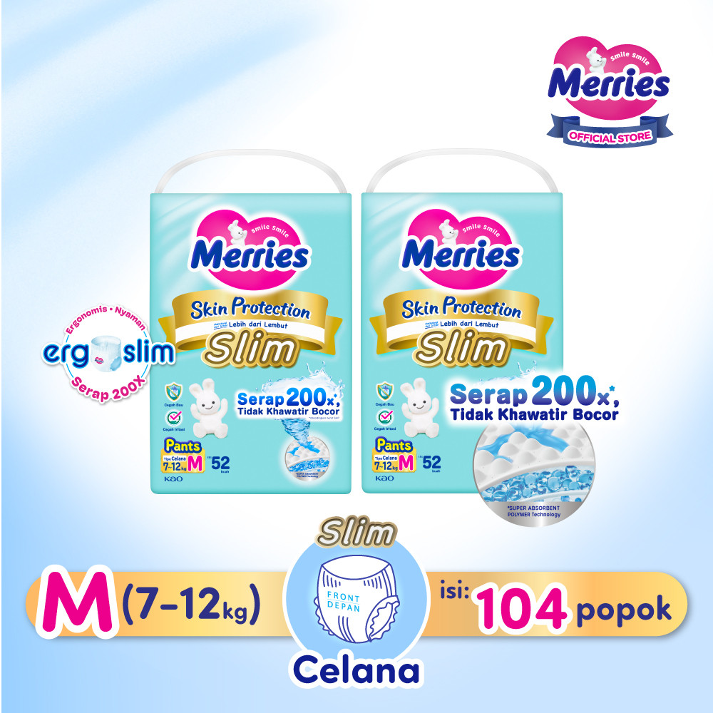 Merries Skin Protection Slim Pants Popok Bayi Diapers Ergoslim M (7-12kg) Pads / Isi 52 Twinpack