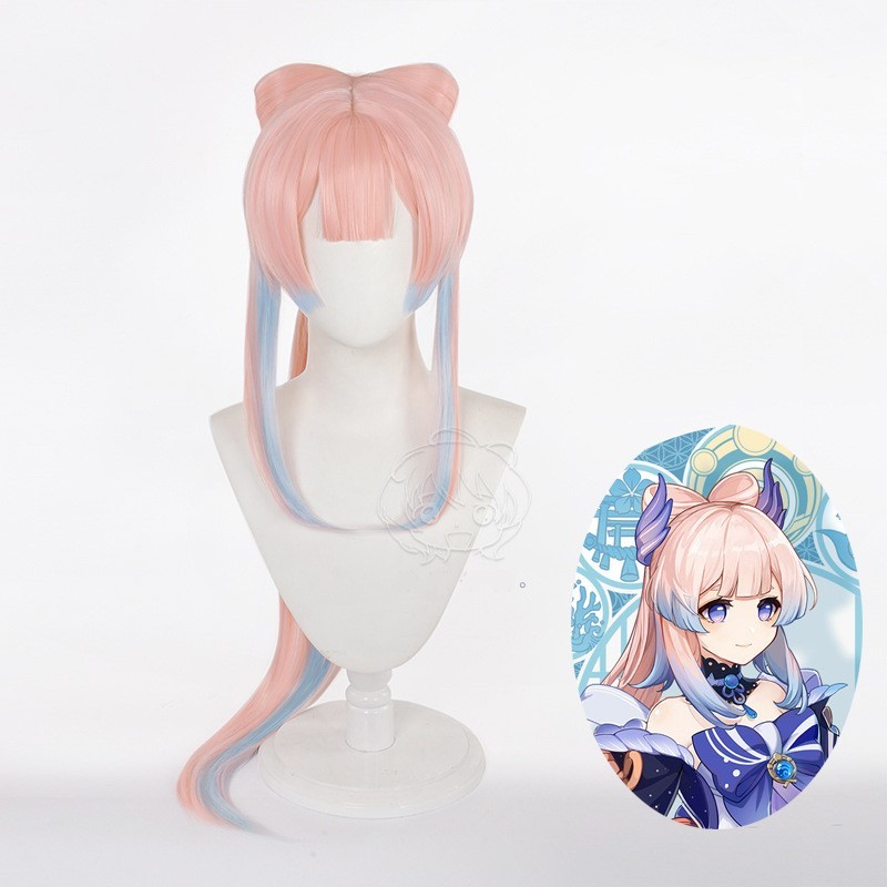Wig Biru Campuran Merah Muda Panjang untuk Kokomi Cosplay Wig Ekor Kuda Rambut Anime Lucu Lolita den