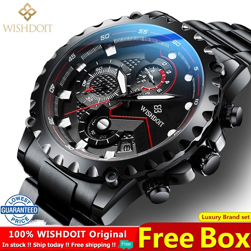 Wishdoit Jam Tangan untuk Pria Asli Tahan Air Olahraga Baja Tahan Karat Perak/Hitam Bisnis Tren Fash
