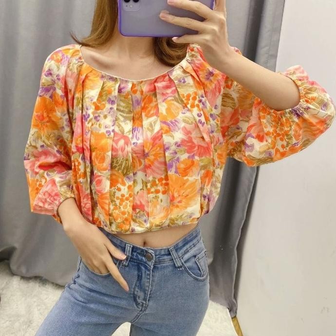 AB755757 Baju Atasan Sabrina Wanita Blouse Bunga Korea Import Orange