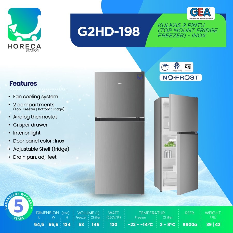 GEA Kulkas Rumah 2 Pintu INOX G2HD-198 / G2HD 198 / G2HD198