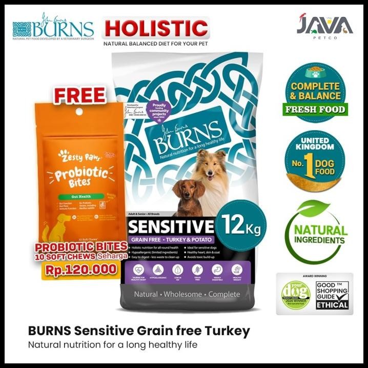 Burns Hypoallergenic Sensitive Grain Free Dog Food Holistic Turkey & Potato 12Kg Adult & Senior - Ma
