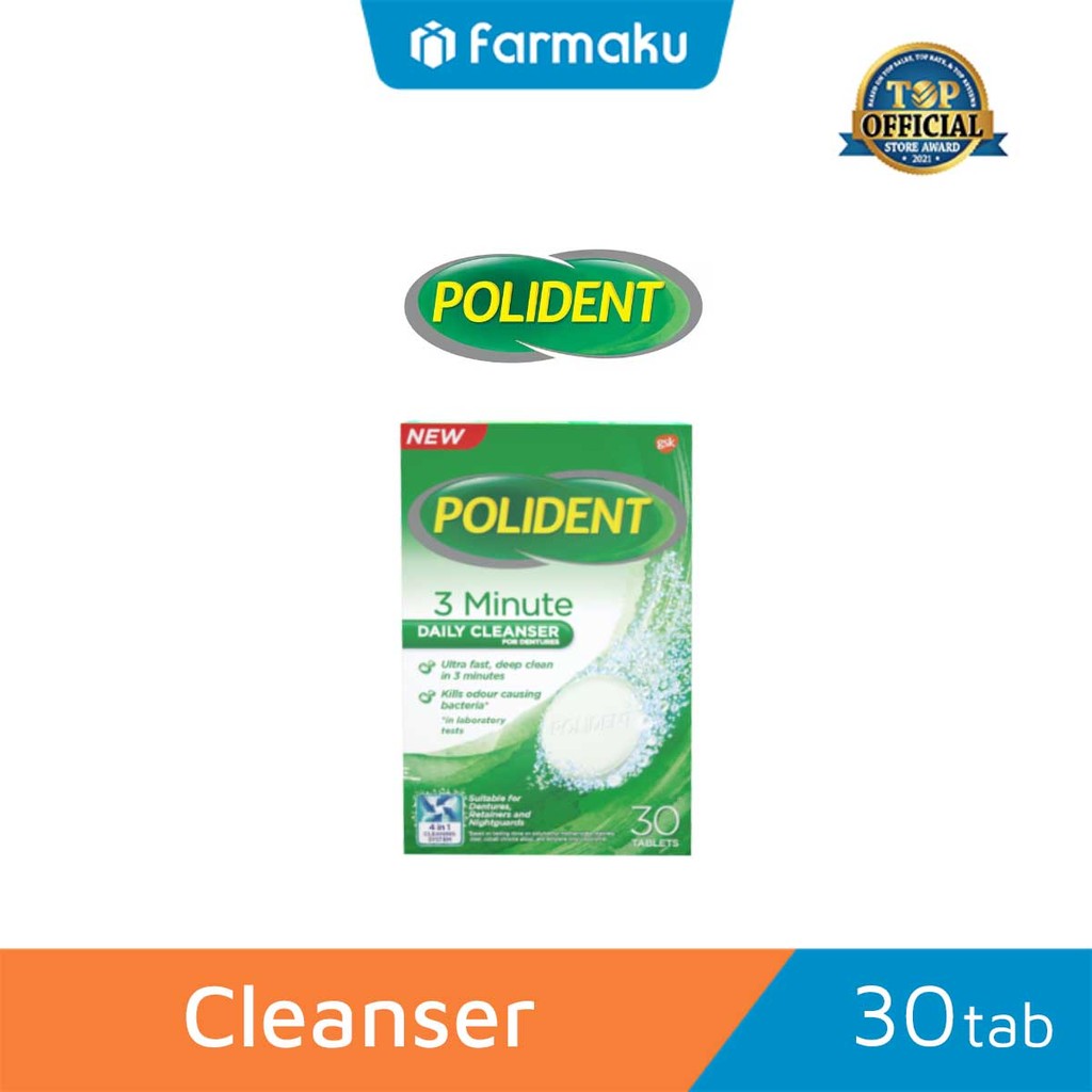 Polident 3 Minute Daily Cleanser Isi 30 Tablet - Pembersih Gigi Palsu