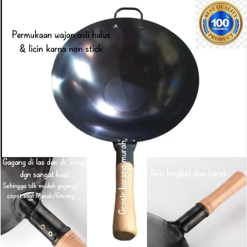 Wajan 40cm Wajan Gagang Kayu Kuali Masak Baja Wajan Kuali Gagang Kayu Wajan Baja Anti Lengket Wajan 
