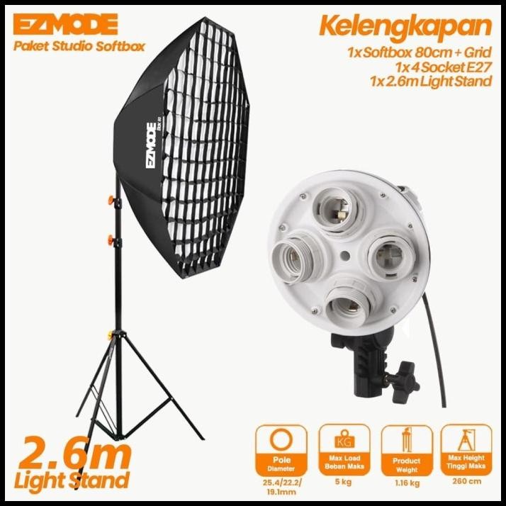 Ezmode Studio Lighting Stand + 4 Socket Octagon Softbox 80Cm With Grid