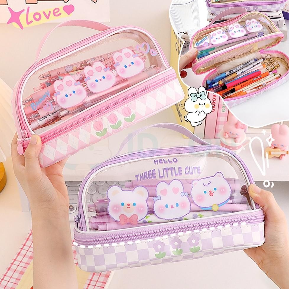 

SPECIAL IDOON Pencil Case Transparan Korea Tempat Pensil Besar Dua Lapis Kotak Pensil Tempat Pola Hewan Lucu eqw-68