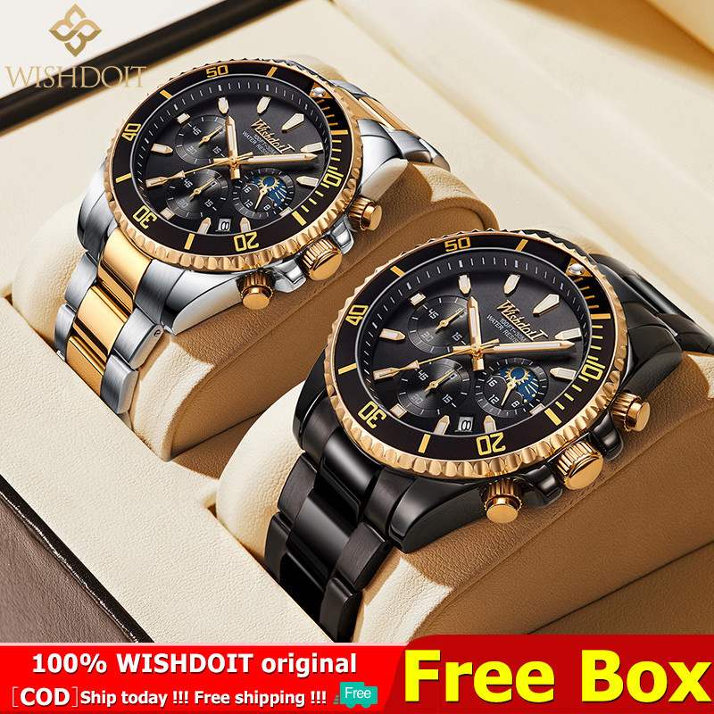 [COD] WISHDOIT Jam Tangan Pria Asli Tahan Air Olahraga Baja Tahan Karat Perak/Emas Bisnis Tren Fashi