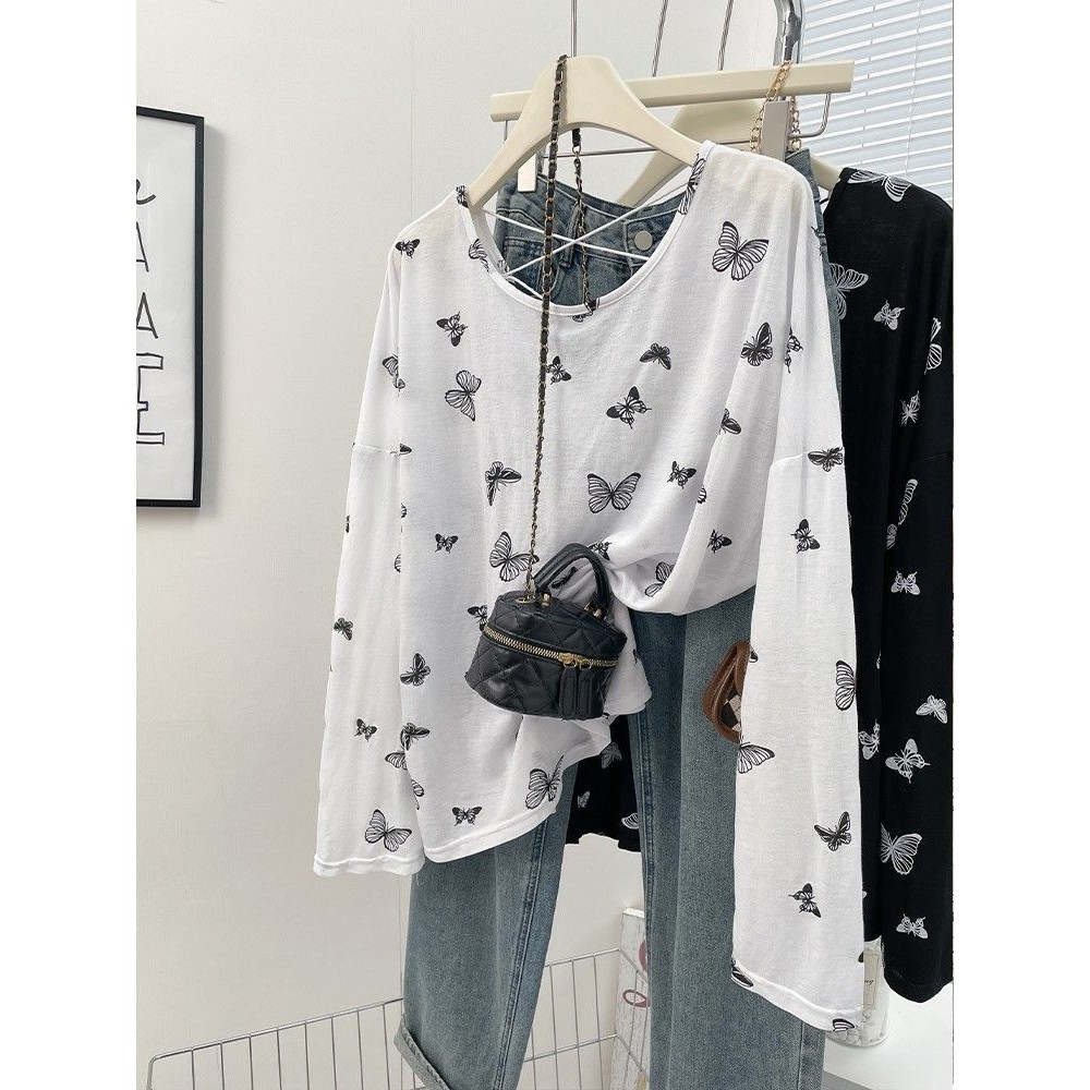 European Goods Large Butterfly Print Long SleeveTT-shirt Loose Thin Backless Pullover Top Ice Silk S