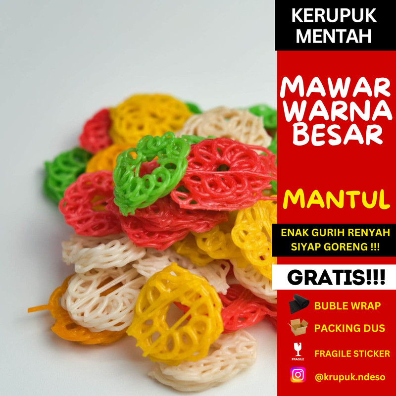 

Kerupuk Krupuk Indosari Kepang warna / Mawar Warna 500gr - KEPNUS / MNUS / KNUS/MPNUS