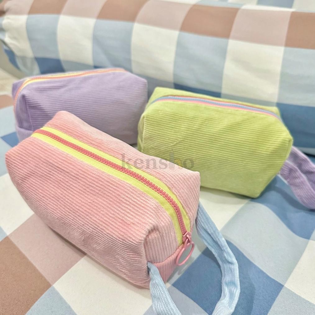 

df-7 KENSHO Kotak Pensil Sleting Motif Corduroy Handle Pastel / Pouch Makeup Aesthetic / Tas Aksesoris Wanita Lucu Import / Zipper / Plain Premium