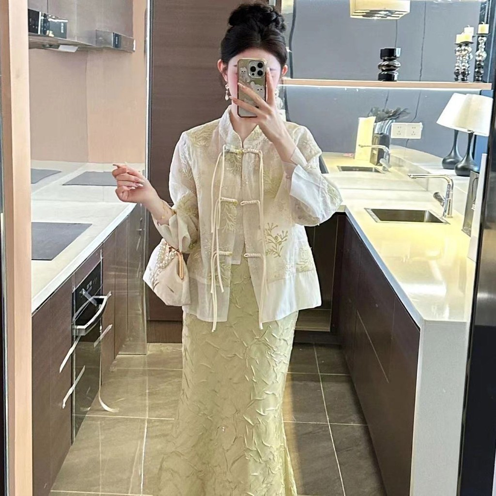 Kemeja blus vintage gaya Cina Cina baru wanita kemeja blus wanita senior rasa gesper gesper bordir j