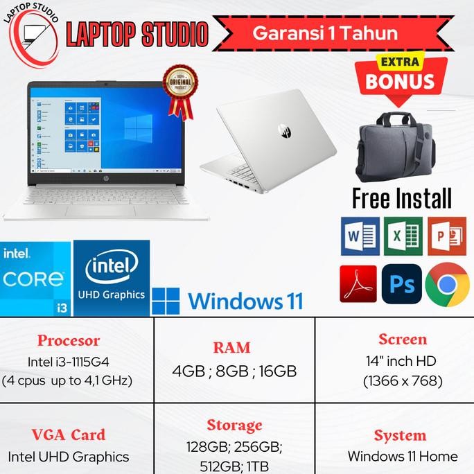 New Laptop Baru Hp 14 Intel Core I3 1115G4 (Gen 11)  Ram 16Gb Ssd 512Gb