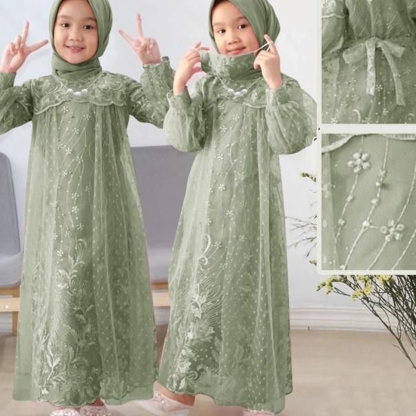 Gas Anak Eliana Kids 3 - 16 Thn Brukat Tile Dot Hijau Sage Ps