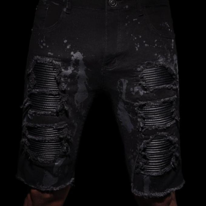 Celana rucas caviar leather biker short hitam distro pendek sobek pria OS17