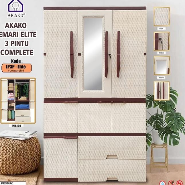 Akako Elite Lemari Plastik 3 Pintu Kaca Laci Kunci