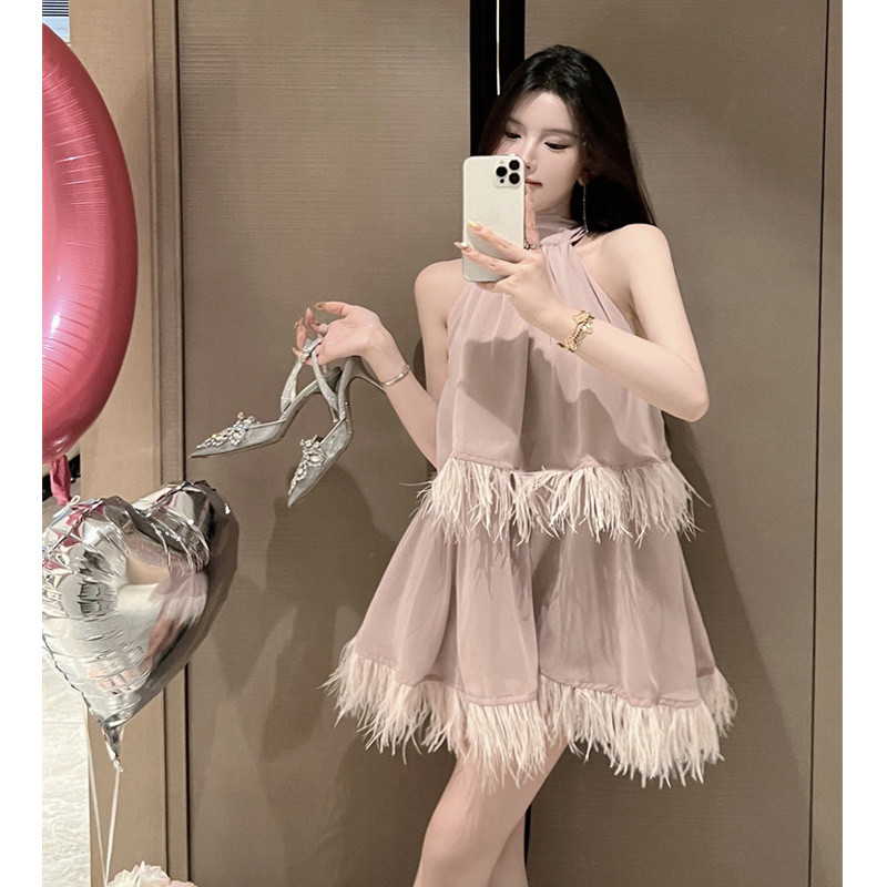 Gaun garis leher rumbai hitam wanita desain canggih baru rasa temperamen sifon sifon kata rok pendek