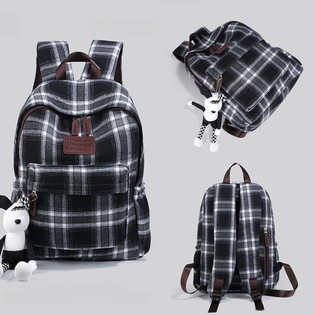 Y2.Morgan-Tas Sekolah Tas Wanita Ransel Trend Fashion Ransel Kotak-kotak Retro Tas bahu Tas laptop I