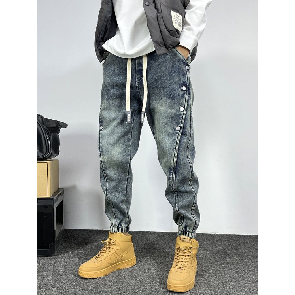 Men's Fashion Brand Loose Tappered Harem Pants Casual Pants Retro Washed Blue Jeans