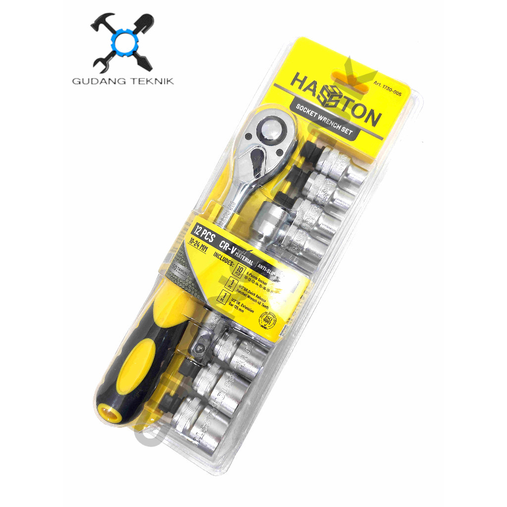 STOK ADA- Kunci Shock Set 12pcs 1/2" 6PT 1730-005 HASSTON PROHEX / Socket Wrench SET 12 Pcs Kunci