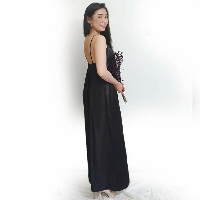 baju tidur wanita dewasa Sexy dress daster panjang hitam satin menawan L21T